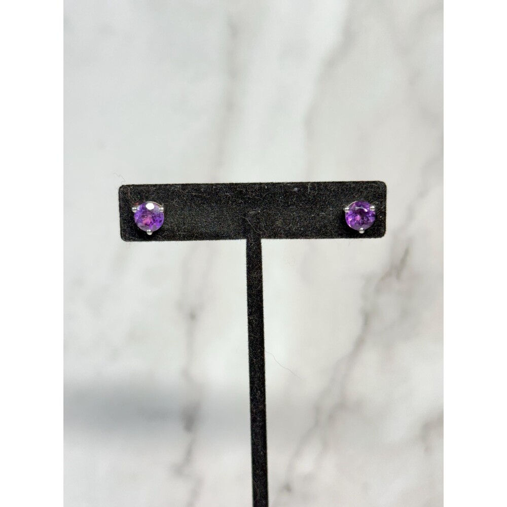 Sterling Silver Amethyst Stud Earrings Round Faceted Purple Gemstone - Picture 6 of 14